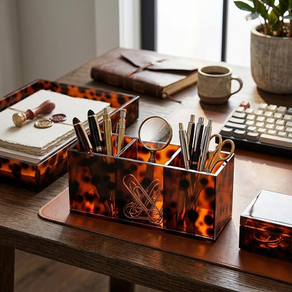Novabright Acrylic Tortoise Tray Makeup Brush Organizer Tortoise Shell Acrylic Pen Holder Pencil Organizer Clear Cosmetic Brushes Storage with 3 Slots