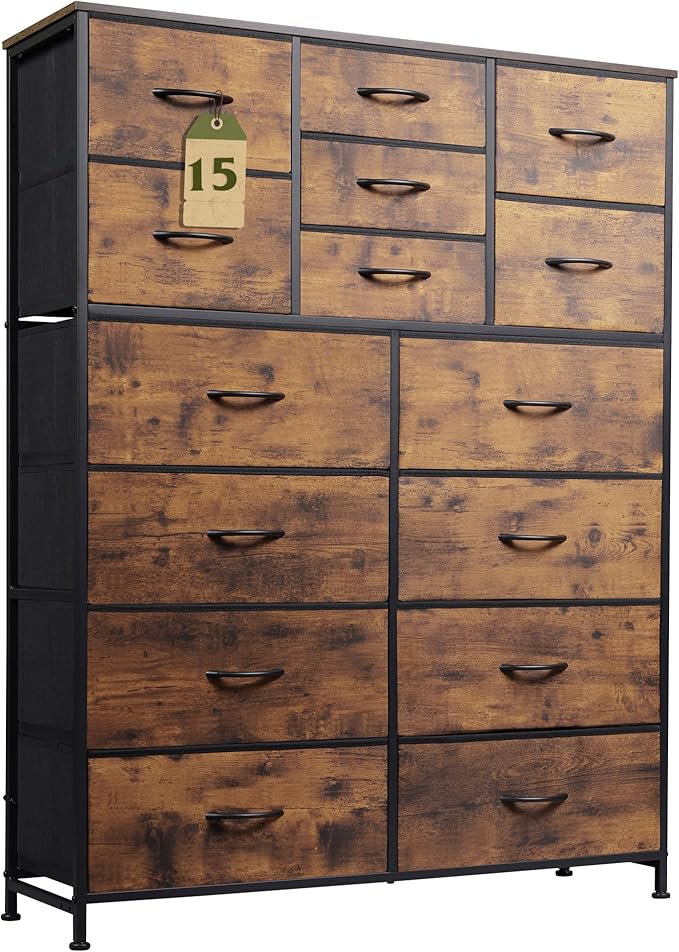 Tall Console Table with 15 Fabric Drawers, Entryway Table with Storage, Tall Storage Organizer with Wood Top, Steel Frame for Living Room, Hallway, Office, Rustic Brown