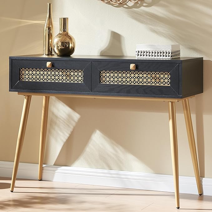 Mid Century Modern Console Table with Drawers, Narrow Sofa Table for Living Room, Entryway and Bedroom, Boho Style, Black