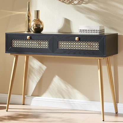 Mid Century Modern Console Table with Drawers, Narrow Sofa Table for Living Room, Entryway and Bedroom, Boho Style, Black