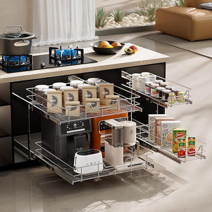2 Tier Pull Out Cabinet Organizer 11" W X 17" D, Slide Out Drawers for Kitchen Cabinets, Pull Out Drawers for Cabinets Capacity Heavy Duty Caddy, Cabinet Pullout Shelves Chrome-Plated,Bathroom Pantry