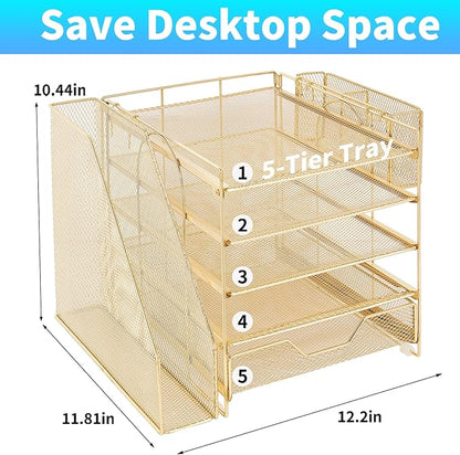 Desk Organizers and Accessories, 5-Tier Paper Letter Tray Organizer with File Holder, Drawer & Pen Holder, Office Desk Accessories, Desktop Organizer for Classroom Office Supplies, Gold