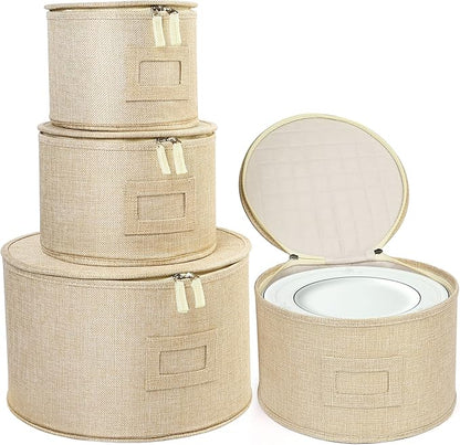 LotFancy China Storage Containers, Hard Shell, 4PCS Set, Dish Storage Box for Moving, Stackable Dinnerware Plate Organizer Bins with 48 Felt Dividers, Grey