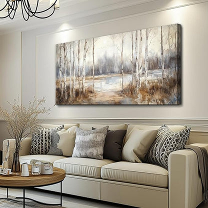 QIYILEXWART Large Wall Decor For Living Room Stretched And Framed Canvas Wall Art For Office Wall Decorations For Bedroom Birch Forest Painting By The Lake Picture Home Decor Ready To Hang