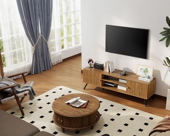 COMHOMA TV Stand for Living Room, Mid Century Modern Entertainment Center for 55/60/65 Inch TVs, Retro Brown TV Console with Fluted Door Cabinets and Open Adjustable Shelve Storage for Bedroom (59In)