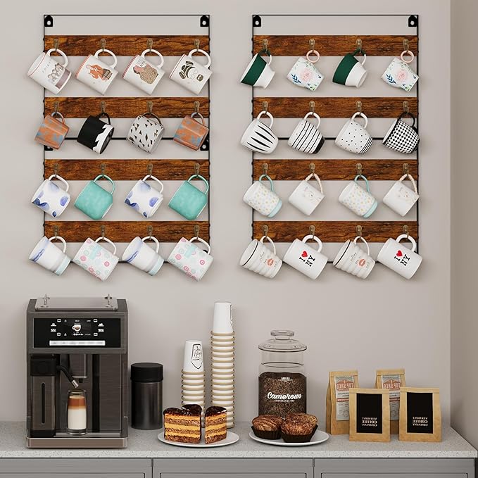 Huxitocan Wall Mount Coffee Mug Holder - Rustic Wood and Iron, Holds Up to 24 Mugs (3Pack) for Kitchen, Home, Coffee Bar