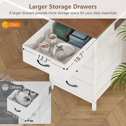 60 Inch Computer Desk with 8 Drawers, Home Office Desk with Power Outlets, Work Study Gaming Desk with 8 Fabric Drawers, Brown and White