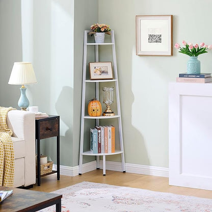 Hoctieon Corner Shelf, 4-Tier Corner Bookshelf, Rustic Corner Ladder Shelf, Industrial Display Shelf for Living Room, Kitchen, Home Office, Balcony, Small Space, Metal Frame, White