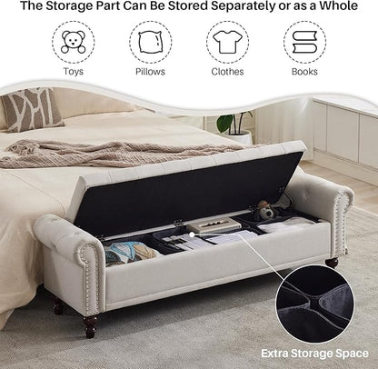 Storage Bench for Bedroom, 67" End of Bed Storage Bench King Size, Upholstered Linen Storage Ottoman with Tufted Cushioned Rolled Arm Large Storage Space for Living Room Entryway, Beige