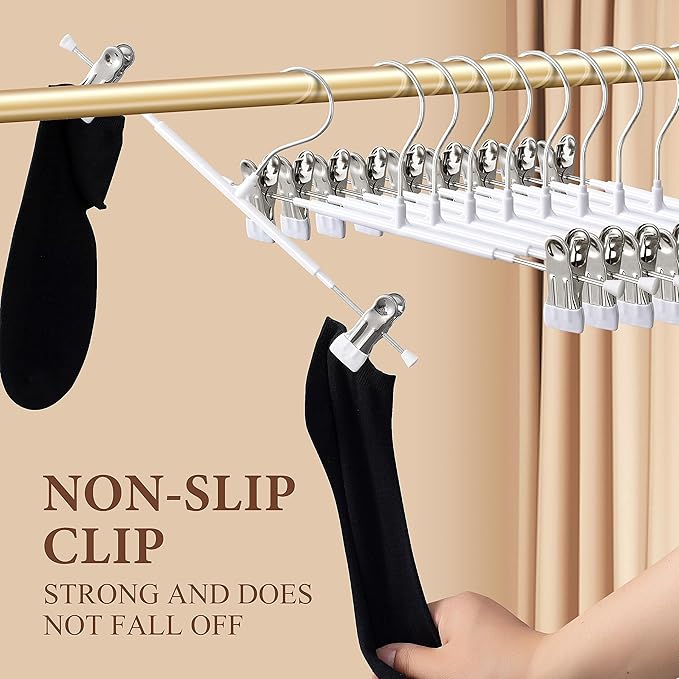 Pants Hangers with Clips 10 Pack Adjustable Skirt Hangers for Women Non-Slip Trousers Hanger for Jeans Clothes Hangers for Pants Heavy Duty Space Saving Shorts Hangers,White,14Inch