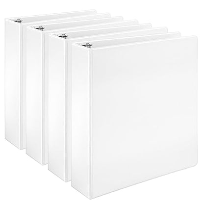 Amazon Basics 3 Ring Binders, 2 Inch, D-Ring Organizer for School, Home Office, White, 4 Pack