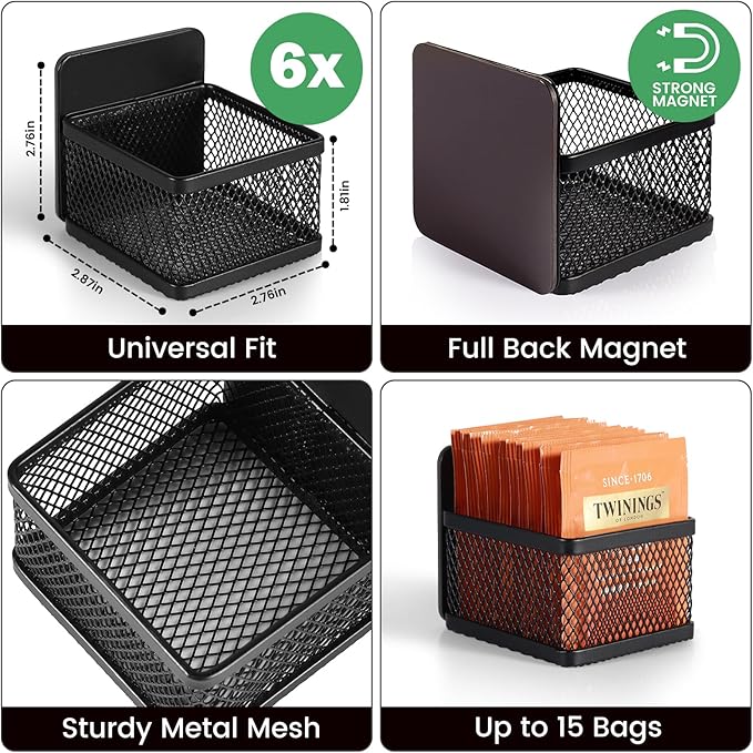 Magnetic Tea Bag Organizer - 6-Piece Metal Tea Organizer for Refrigerator, Kitchen Shelf and Counter, Stylish & Space Saving Tea Organizers and Storage