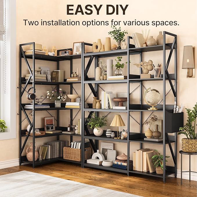 Gizoon 5 Tier Industrial Bookshelf, 65" H Reversible Corner Bookshelf, Bookcase, Freestanding Display Shelf, with 4 Hooks, a Storage Basket, Metal Frame, for Living Room, Kitchen, Office, Black