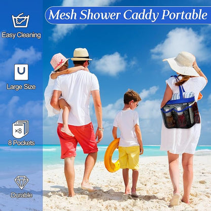 Hillban 4 Pcs Mesh Shower Caddy Portable Shower Caddy for Dorm Beach Mesh Bags with Deeper 8 Pockets and Handles Showers Caddies Basket for Women College Room Vacation(Blue)