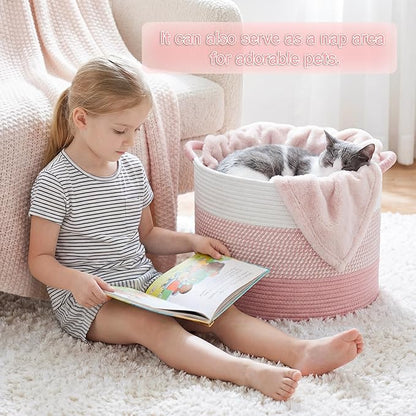Artfeel 100L Large Cotton Rope Basket, Decorative Woven Blanket Storage for Living Room, Boho Toy Storage & Toy Box for Kids, Versatile Laundry Basket & Nursery Hamper for Blankets(Pink)