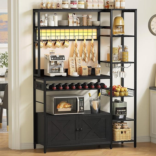 IRONCK Bakers Rack with Power Outlet, 47.24 Inch Coffee Bar Cabinet, Kitchen Microwave Stand with Storage, Kitchen Shelf with Shelves, LED Light, Globlet Holder and Wine Basket, Black