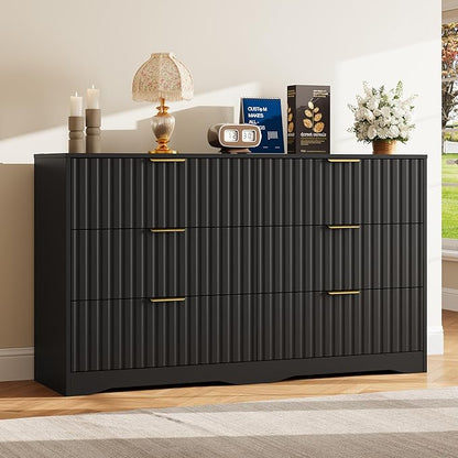 Fluted 6 Drawers Dresser for Bedroom, 55" Wide Wood Dressers Chest of Drawers with Metal Handle, Modern Dresser TV Stand Storage Organizer for Living Room, Entryway, Black