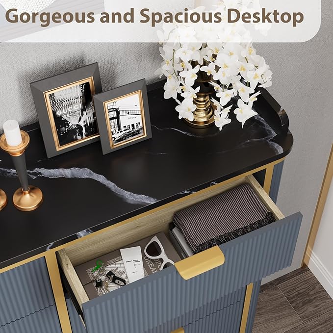 Shoe Cabinet with 4 Flip Drawers and 2 Drawers, Modern Fluted Wood Shoe Storage with Adjustable Shelves, Narrow Slim Shoe Organizer for Entrance, Foyer, Hallway, Navy Blue