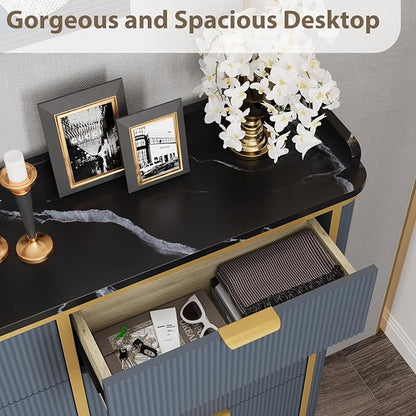Shoe Cabinet with 4 Flip Drawers and 2 Drawers, Modern Fluted Wood Shoe Storage with Adjustable Shelves, Narrow Slim Shoe Organizer for Entrance, Foyer, Hallway, Navy Blue