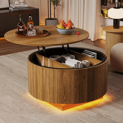 kepptory Round Lift Top Coffee Table with LED Lights, Mid Century Modern Wooden Coffee Tables with 3 Storage Space, Circle Center Table for Living Rooms,Dining Room,Bedroom Home Office,APP LED Lights