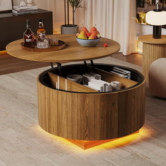 kepptory Round Lift Top Coffee Table with LED Lights, Mid Century Modern Wooden Coffee Tables with 3 Storage Space, Circle Center Table for Living Rooms,Dining Room,Bedroom Home Office,APP LED Lights