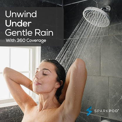 SparkPod Rain Shower Head, 8 Inch Round | High Pressure Shower Heads, 90 Nozzle (Touch-to-Clean), Adjustable Showerhead, No-tool Universal Connection