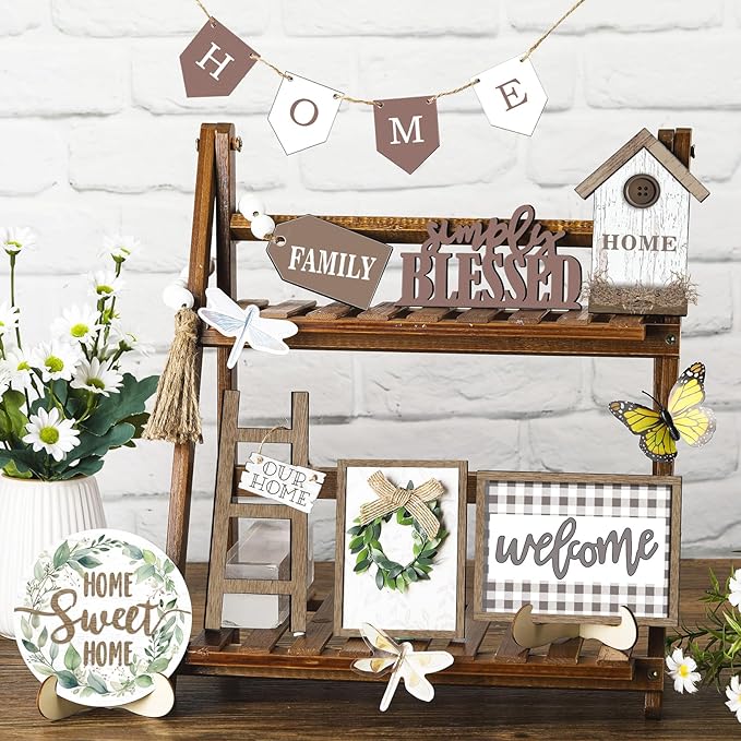 Set of 11 Farmhouse Tiered Tray Decor Rustic Home Tiered Tray Decorations Set Wooden Signs Home This is Us Farmhouse Tabletop Wood Signs for Kitchen Table Shelf Decor