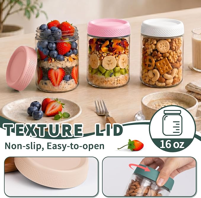 6 Pack Overnight Oats Containers with Lids, 16oz Wide Mouth Mason Jars, Glass Food Containers with Airtight Lids for Storage, Yogurt Bowls, Overnight Oats Jars for Meal Prep, Chia Pudding