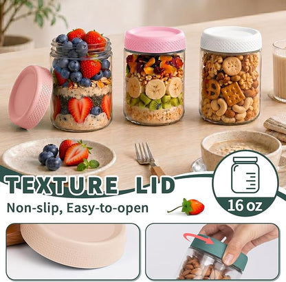6 Pack Overnight Oats Containers with Lids, 16oz Wide Mouth Mason Jars, Glass Food Containers with Airtight Lids for Storage, Yogurt Bowls, Overnight Oats Jars for Meal Prep, Chia Pudding