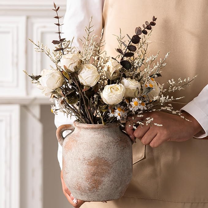 Ceramic Flower Vase Home Decor - Farmhouse Rustic Table Vases with Handle Living Room Decoration Decorative Vintage Pottery for Kitchen Shelf Coffee Dining Bookshelf Fireplace Centerpiece (6" Retro)