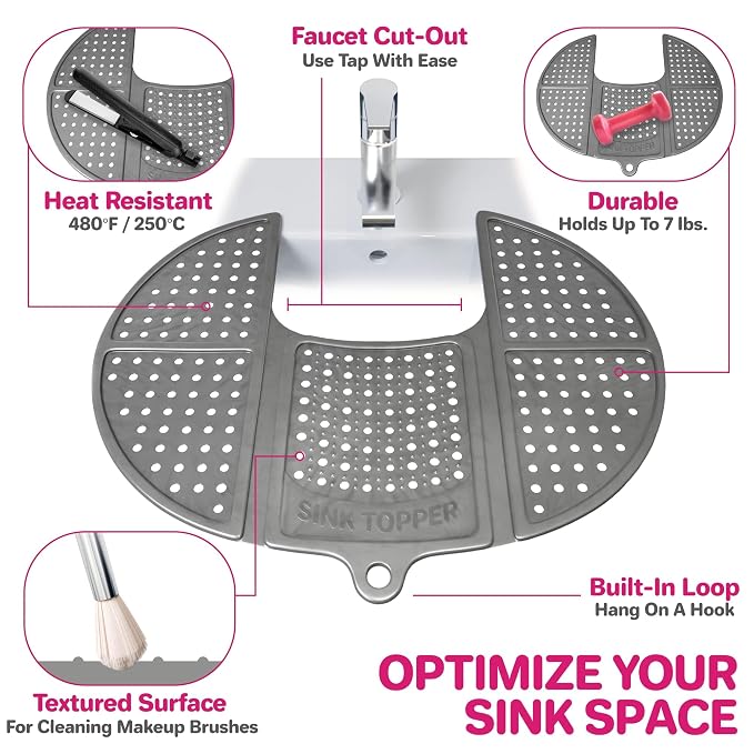 Sink Topper Bathroom Counter Cover & Storage Saver, Foldable Silicone Mat for Hot Tools, Hair Styling & Makeup, Beauty Brush Cleaning Mat, RV Camper Sink Cover & for Small Spaces (Standard Black)