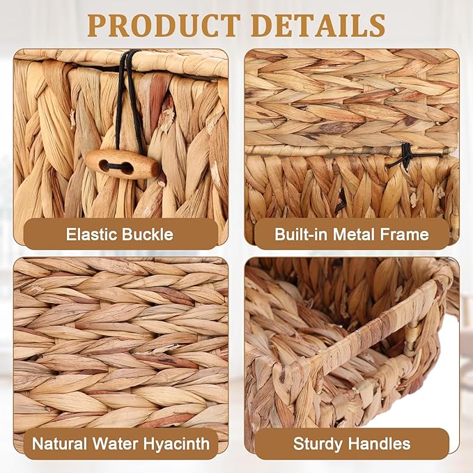 Sumnacon Storage Basket with Lid, Water Hyacinth Shelf Baskets for Organizing, Farmhouse Bathroom Woven Bins for Tampons and Pads, Toilet Paper, Towels,Decorative Organizer Box for Counter, Vanity (S)