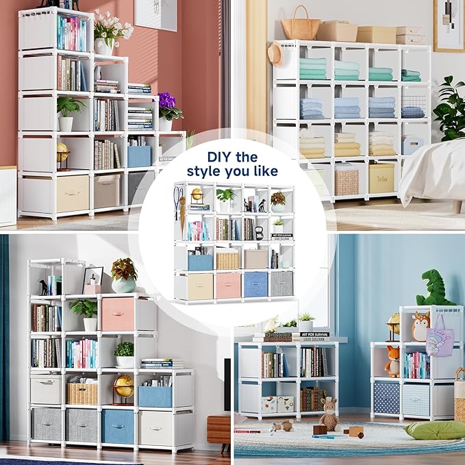 Mavivegue Book Shelf, 16 Cube Storage Organizer, Metal Cube Bookshelf, DIY Bookcase, Tall Book case for Bedroom, Living Room, Office -White