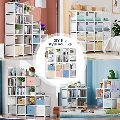 Mavivegue Book Shelf, 16 Cube Storage Organizer, Metal Cube Bookshelf, DIY Bookcase, Tall Book case for Bedroom, Living Room, Office -White