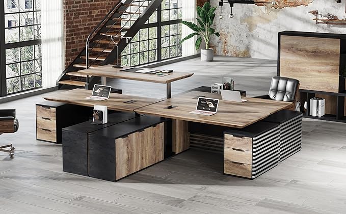 78.74" L Shaped Standing Executive Desk and 63" lateral File Cabinet, Large Adjustable Heigh Office Computer Desk with 3 Drawers,2.3" Desktop,Business Workstation,Black and Warm Oak