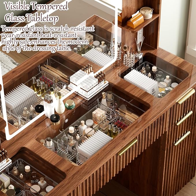 47.2" Fluted Makeup Vanity Desk with Large 28.7" Mirror and Lights, 5 Drawer Vanity with Power Strip, 6 Open Shelves, 2 Cabinet, Modern Bedroom Vanity Featuring Visual Transparent Glass. Walnut