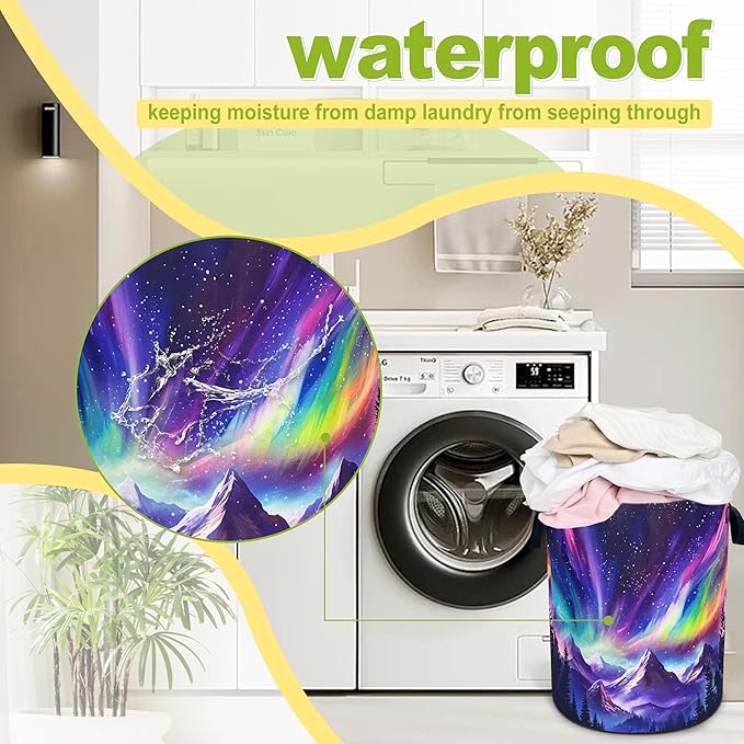 Aurora Mountains Laundry Basket Night Sky Forest Foldable Waterproof Oxford Cloth Funny Tote Bag Laundry Hamper Clothes Storage Bucket Toy Organizer For Bathroom/Laundry Storage/Bedroom 18.9x16.5 Inch
