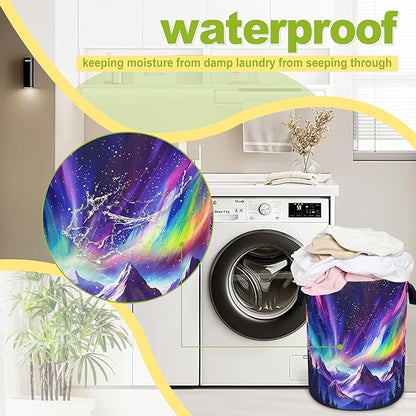 Aurora Mountains Laundry Basket Night Sky Forest Foldable Waterproof Oxford Cloth Funny Tote Bag Laundry Hamper Clothes Storage Bucket Toy Organizer For Bathroom/Laundry Storage/Bedroom 18.9x16.5 Inch