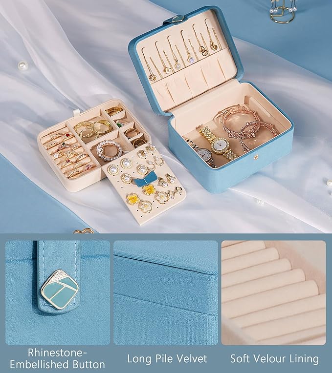 Homde Jewelry Box Small for Women: Ring Earring Organizer Storage for Dresser - Necklace Bracelets Holder with Multi Compartments(Light Blue)