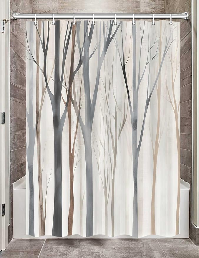 MERCHR Brown Grey Tree Fabric Shower Curtain, Art Style Abstract Birch Forest Rustic Wood Polyester Fabric Waterproof Bath Curtain, Farmhouse Bathroom Shower Curtains with Hooks 47X64 Inch