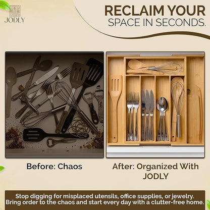 Bamboo Kitchen Utensil Drawer Organizer for Silverware | 100% Natural Expandable 14-20 Inch Kitchen Drawer Organizers for Utensils | Non-Slip Base | Screwed Joints for Long-Lasting Durability
