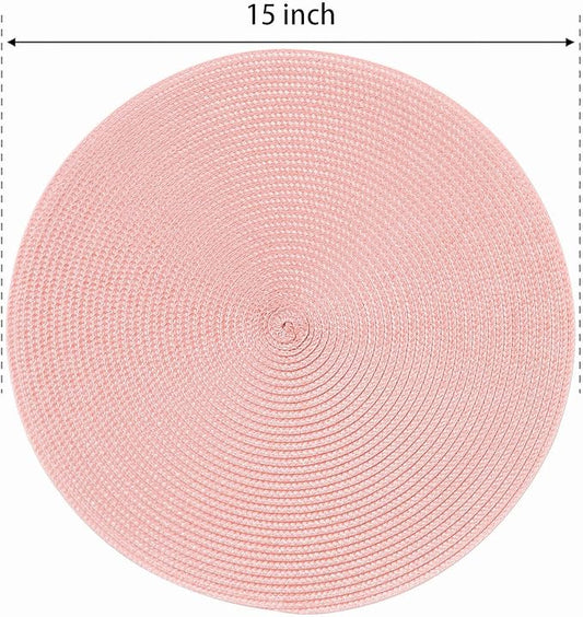 FunWheat Round Braided Placemats Set of 6 Place Mats for Dining Tables Woven Washable Non-Slip Table mats 15 inch(Pink, 6pcs)