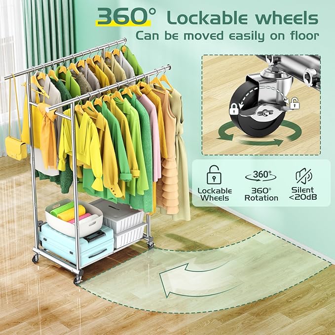 Double Rods Clothing Rack for Hanging Clothes, 100% Stainless Steel Clothes Rack, Portable Sturdy Clothes Rack with Wheels, Easy Installation Rolling Coat Rack, Freestanding for Home Conmercial Store