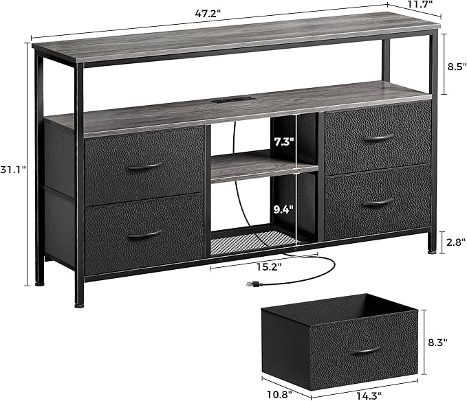 Huuger 47 Inch TV Stand Dresser with Power Outlets and LED Lights | Entertainment Center with 4 Drawers, PU Finish, Grey and Black, Dresser for 55 50 Inch TV, Open Shelf, Media Console