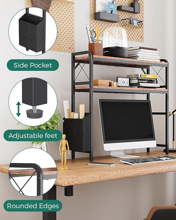 Desktop Shelves, Monitor Stand with Adjustable Shelves and Side Pockets, 2-Tier Desktop Bookshelf Organizer, Large Capacity Display Shelf Rack, Desk Hutch for Home Office, Rustic Brown