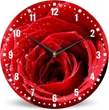 SPUNKER Wall Clocks,Red Rose Wall Clock Battery Operated 10 Inch,Flower Bloom Romance Round Clock Silent Non-Ticking Wall Decor for Farmhouse Office Home School Living Room Bedroom