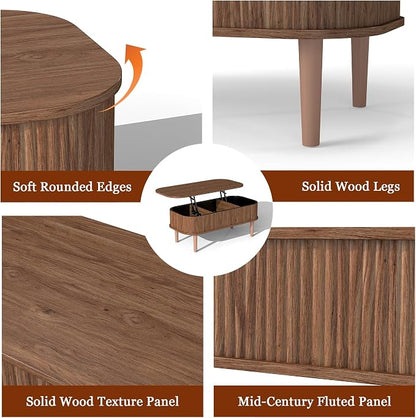 Fluted Lift Top Coffee Table with Hidden Storage, Oval Coffee Table with Lifting Top, Mid Century Modern Design for Living Room, Office & Small Spaces, Walnut