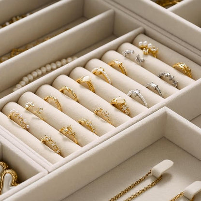 Velvet Jewelry Drawer Organizer Trays – Large Beige Stackable Jewelry Storage Inserts Set, 4-Layer Jewelry Tray Set for Earrings, Rings, Necklaces, Bracelets with Removable Dividers for Dresser,Vanity