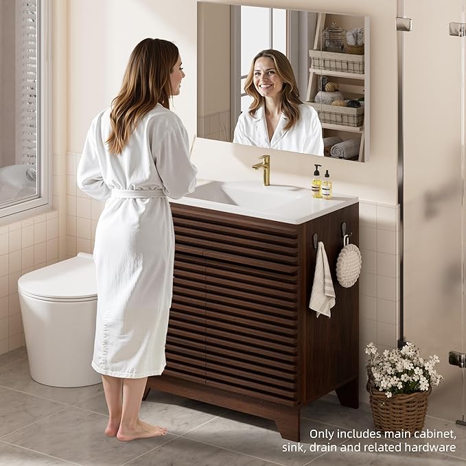 VNN 32 Inch Bathroom Vanity with Ceramic Sink - Freestanding Modern Bathroom Storage Vanity Cabinet with Fluted Design, Soft-Close Doors, Shelves, Toilet Paper Holder & Towel Hooks, Walnut