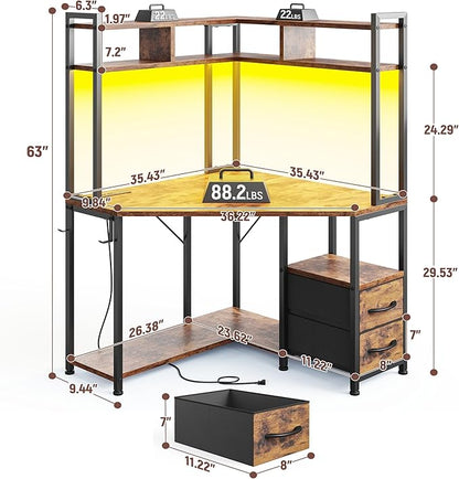 Corner Desk,35.4" W x 63" H Office Desk and Computer Desk with Hutch & LED Lights，Gaming Desk with Storage Drawers & Shelves and Hook for Small Space,Rustic Brown